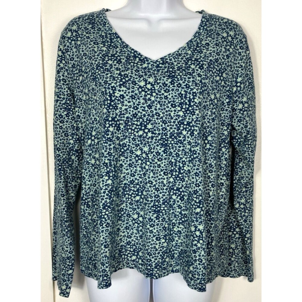 Sonoma Floral Print V-Neck Long Sleeve Everyday Tee Top Blue & Green Size L